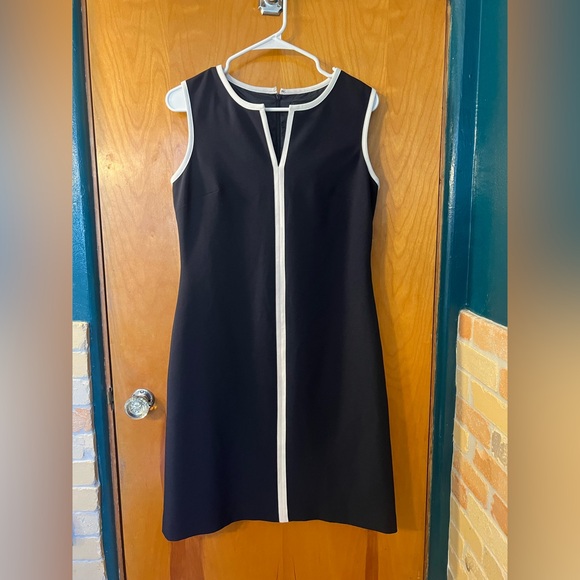 Elegant Black Sleeveless Dress with White Trim - Picture 1 of 3